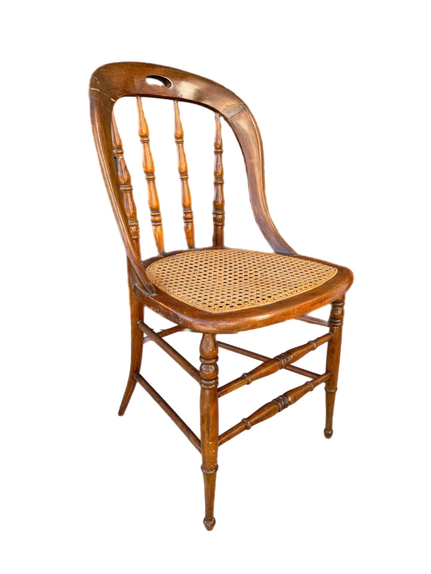 Vintage Antique 1900s Pierce Cane Wicker Solid Wood Spindle Accent Office Chair