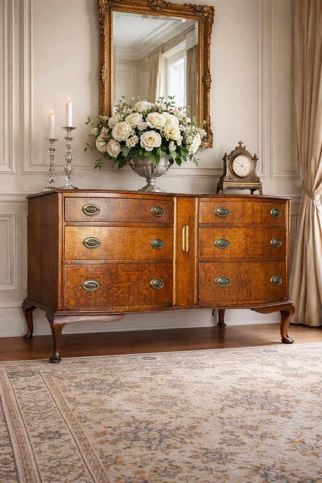 FREE SHIPPING *** Antique Vintage Solid Wood Tiger Oak FULLY Restored 6 Drawer Buffet Credenza Cabinet Dresser French Furniture