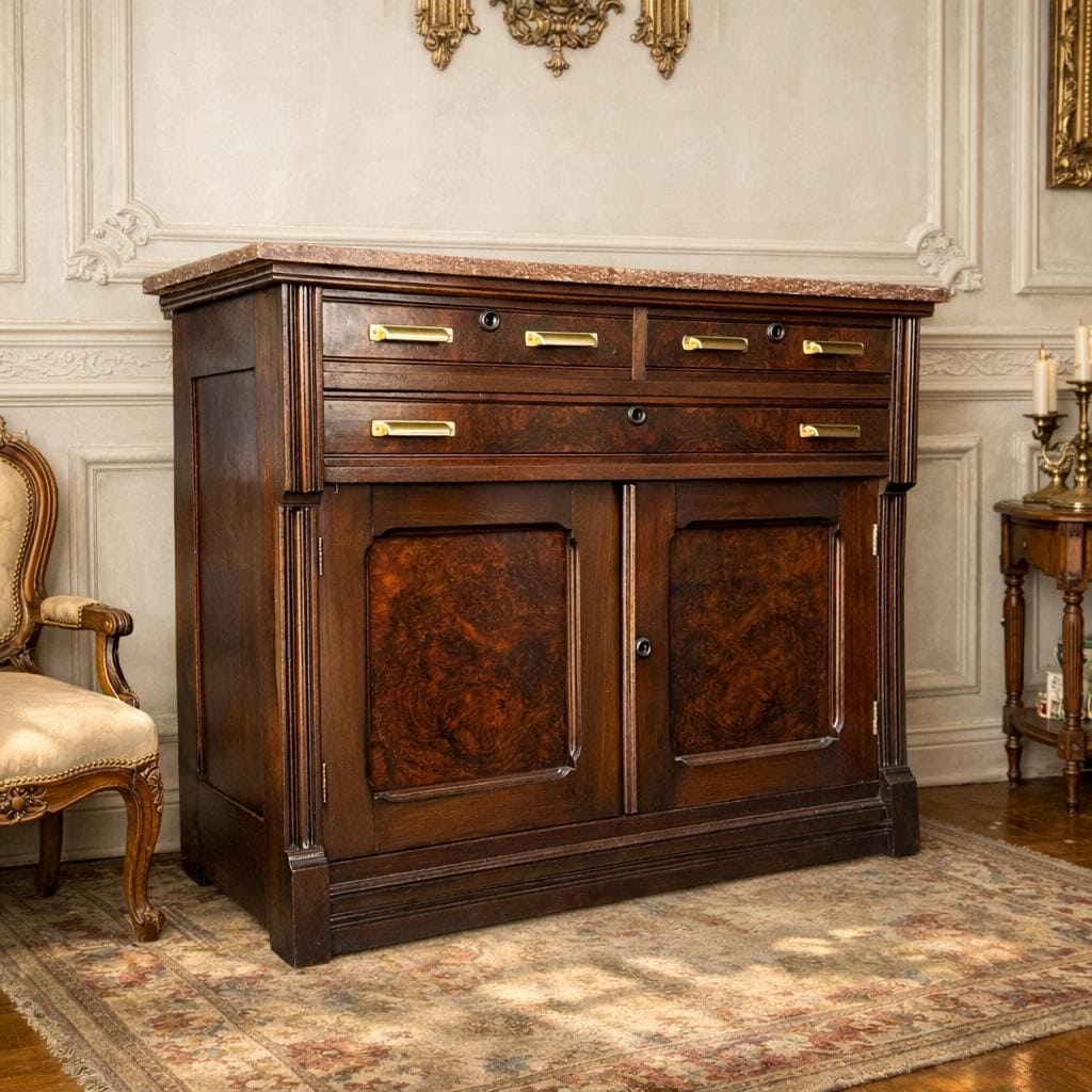 FREE SHIPPING** Solid Wood EASTLAKE Dark Walnut Restored Vintage Antique Chest of Drawers Dresser Vanity Granite Top Cabinet Buffet Credenza