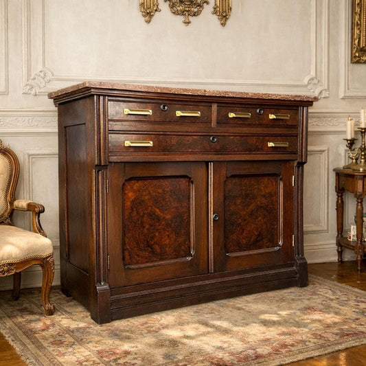FREE SHIPPING** Solid Wood EASTLAKE Dark Walnut Restored Vintage Antique Chest of Drawers Dresser Vanity Granite Top Cabinet Buffet Credenza